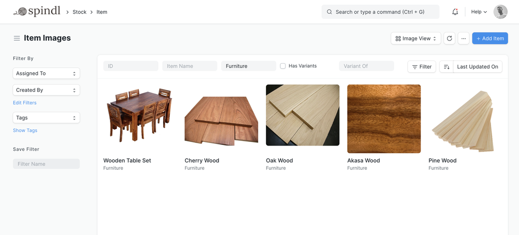 Selling: the item catalogue in image view.